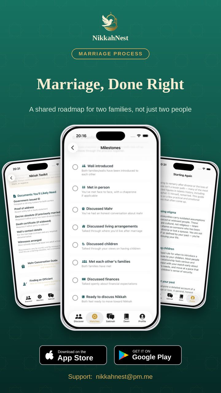Marriage process: a shared roadmap of milestones, the Nikkah Toolkit and a Starting Again guide.
