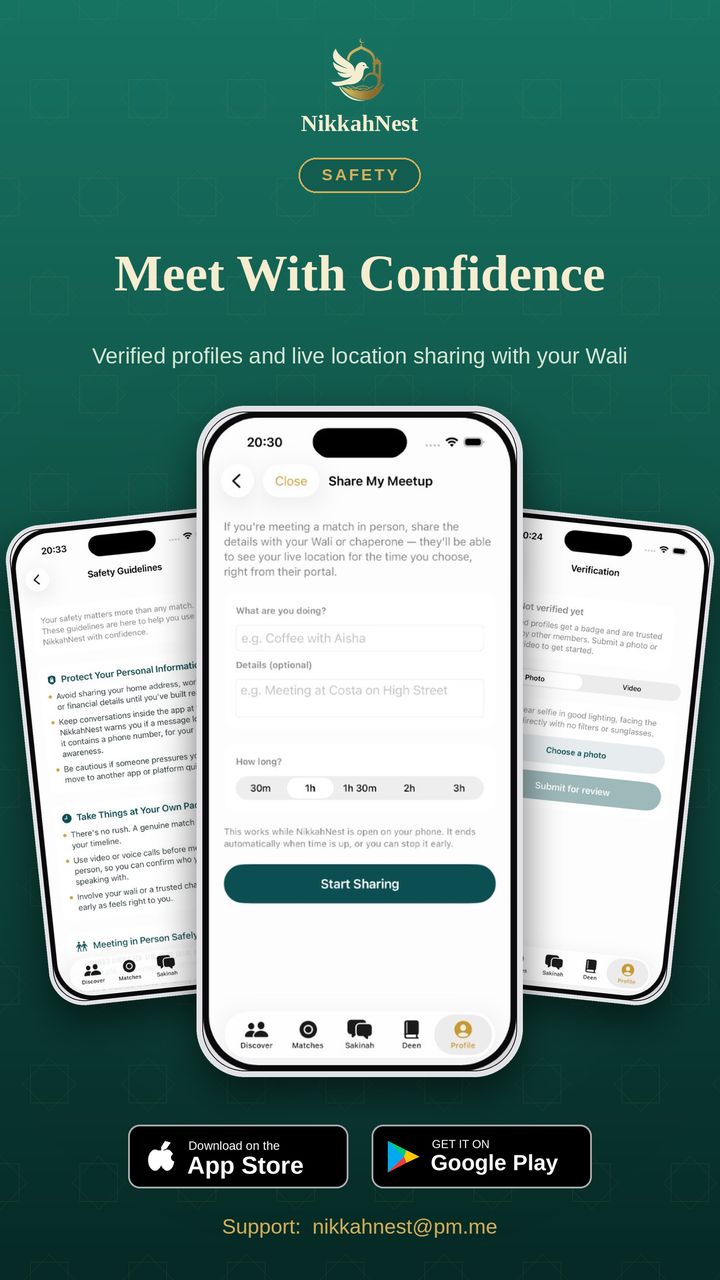 Safety: verified profiles and live meetup sharing with your wali.